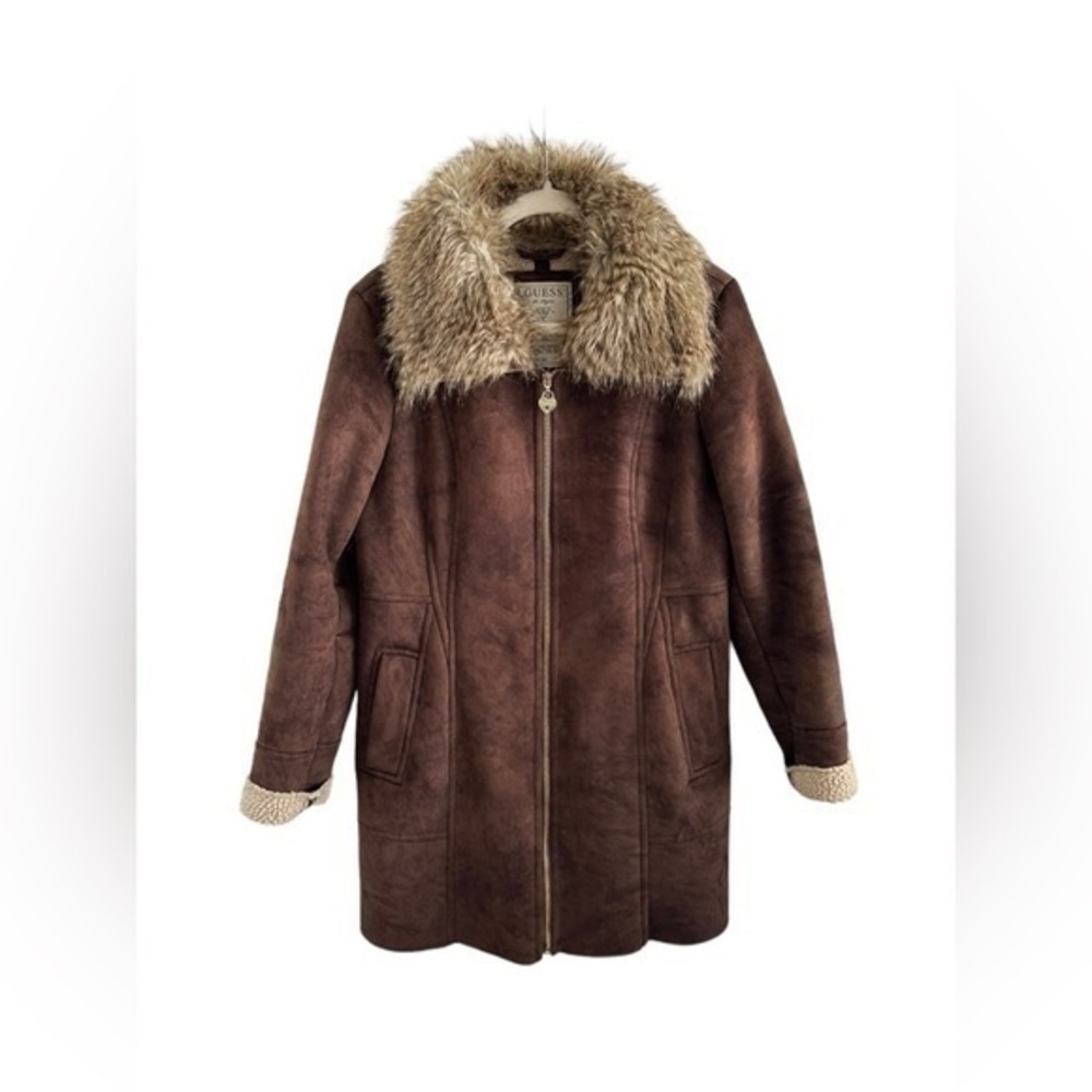 VTG Guess Coat Womens Large Y2K Faux Sherpa Fur Suede Long Length Brown